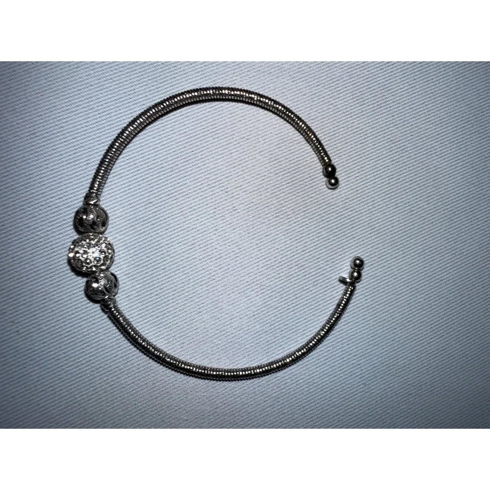 Sterling‎ Silver 925 Snake Chain Cuff Bracelet Crystal Pave Bead Accents